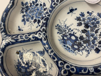 A lobed Dutch Delft blue and white spice dish with birds, late 17th C.